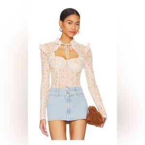 More To Come Xoey Floral Long Sleeve Top Blush Multi Ruffle Tie Neck NWOT Size M